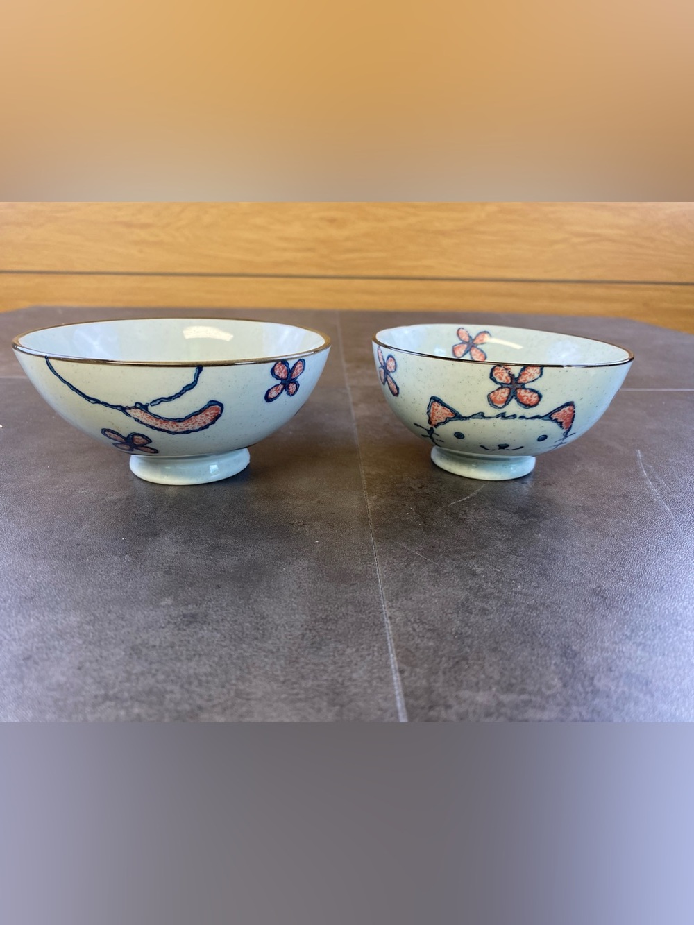 Japanese Hand-Painted Ceramic Rice Bowls with Floral & Cat Motif - Set of 2
